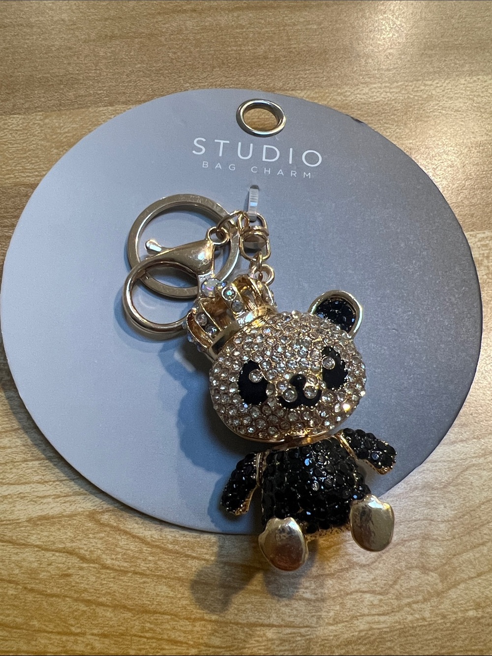 #2766**”1x4” Studio Gold and Black Crystal Panda Keychain Bag Charm